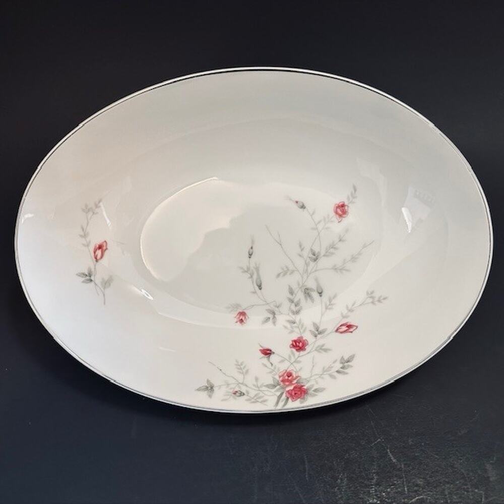 Arita ART25 Oval Serving Vegetable Bowl Pink Roses Gray Leaves Platinum Trim VTG